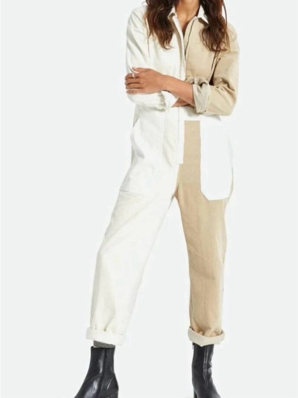 Brixton - Corduroy colorblock coveralls jumpsuit - tan, white, cream - size M